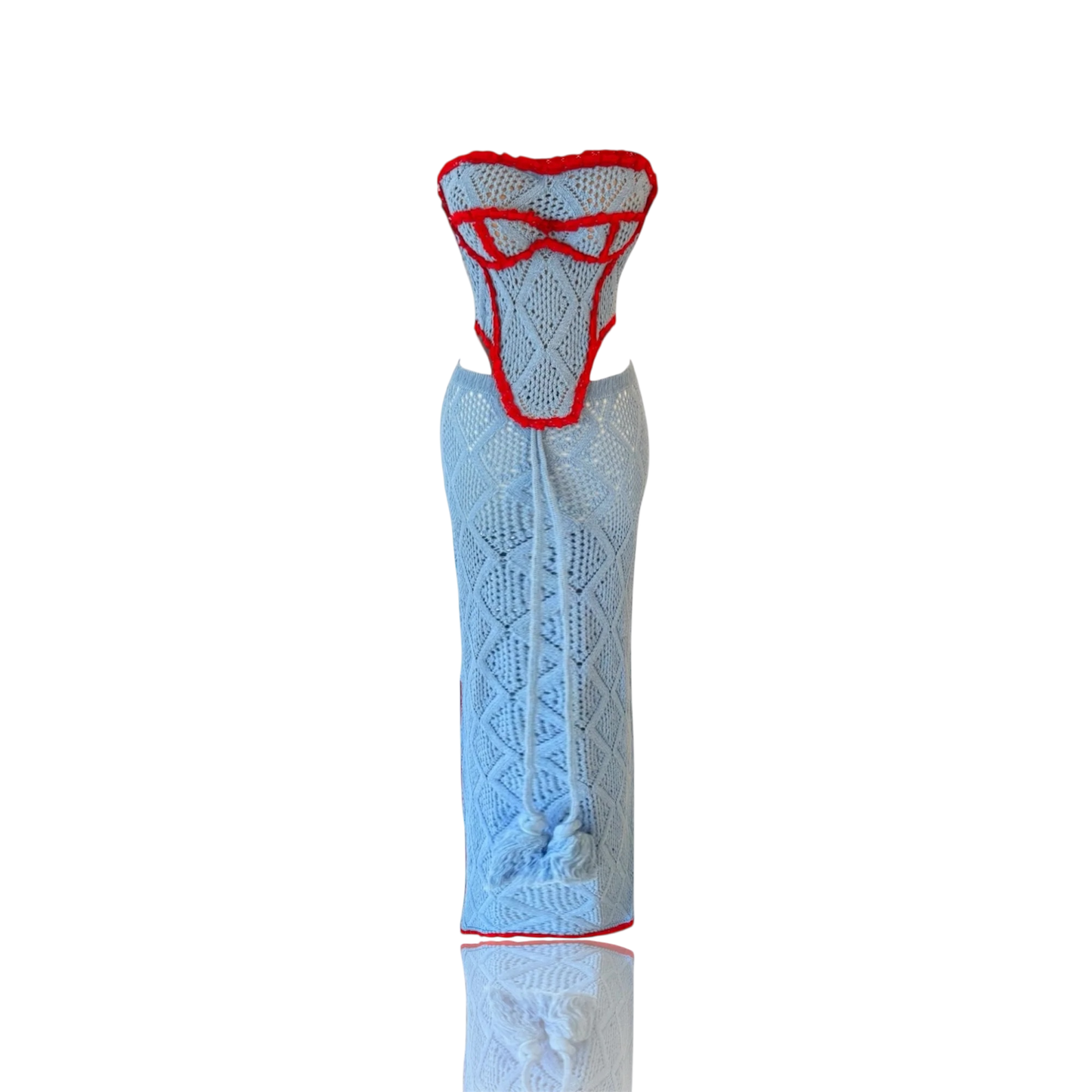 Knitwear Bleu Rouge Été – Hand-Crocheted Two-Piece Set with Corset & Ankle-Length Skirt