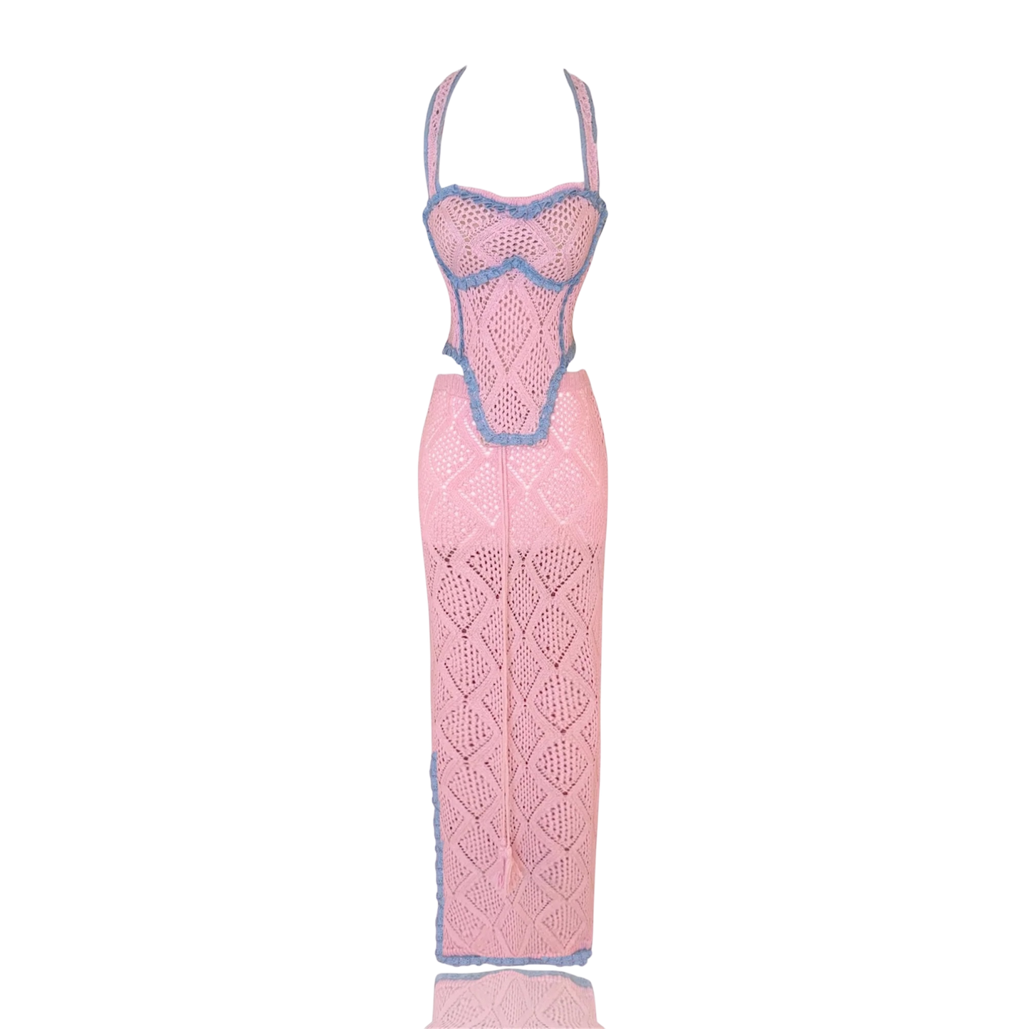 Knitwear Rosalie Bleu – Hand-Crocheted Two-Piece Set with Corset & Ankle-Length Skirt