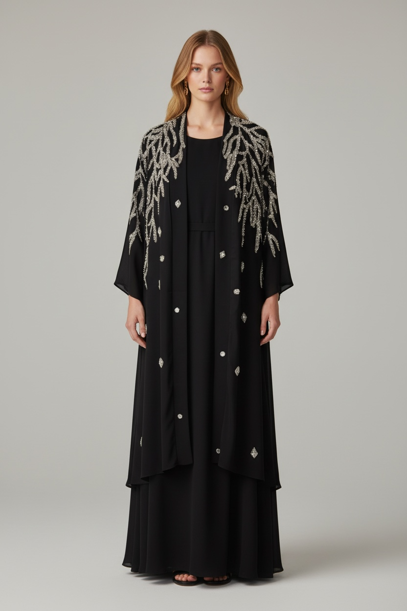 Abaya Black Chiffon with Hand-Embroidered Silver Details