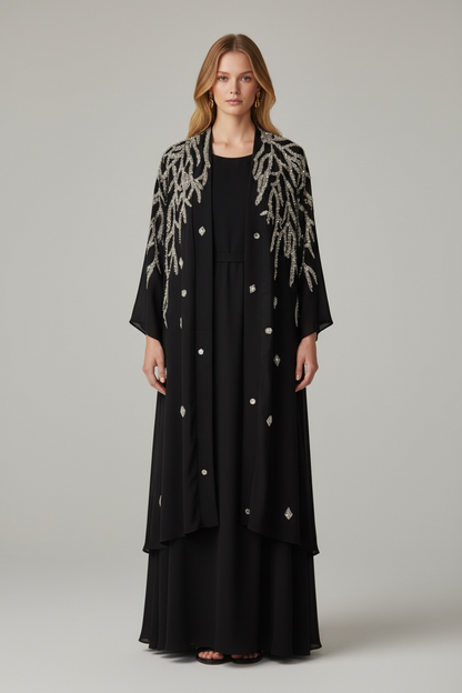 Abaya Black Chiffon with Hand-Embroidered Silver Details