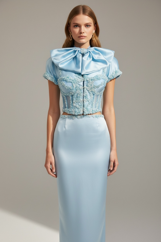 Blue Royale – Two-Piece Set with Corset Blazer & Detachable Neck Bow