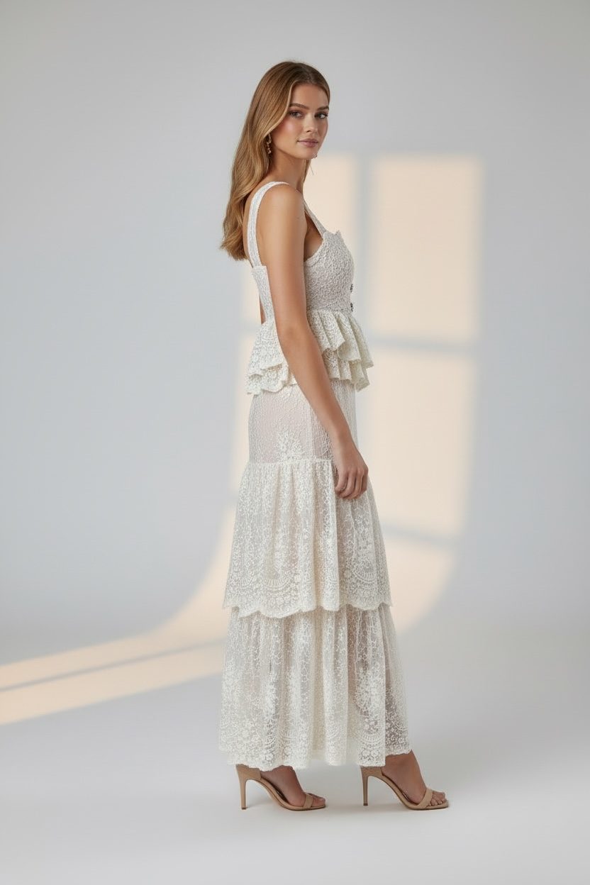 L’Obscure nude Elegance Lace Two-Piece Set with Corset & Flared Skirt