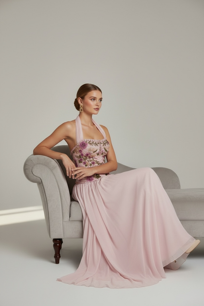 aRosé Lumière Couture - draped Corsage & Chiffon Skirt - Hand embroidery