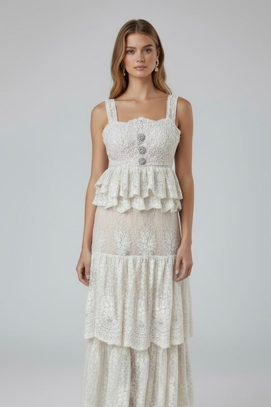 L’Obscure nude Elegance Lace Two-Piece Set with Corset & Flared Skirt