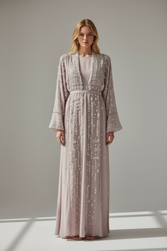 Abaya with Waist Tie Belt -Hand Embroidered Beige Chiffon