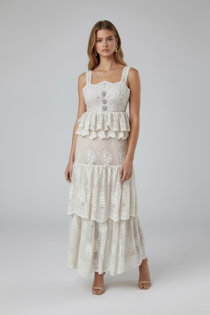 L’Obscure nude Elegance Lace Two-Piece Set with Corset & Flared Skirt
