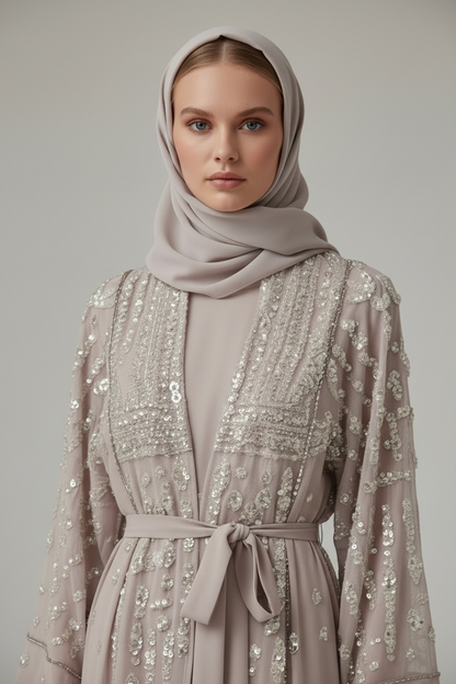 Abaya with Waist Tie Belt -Hand Embroidered Beige Chiffon