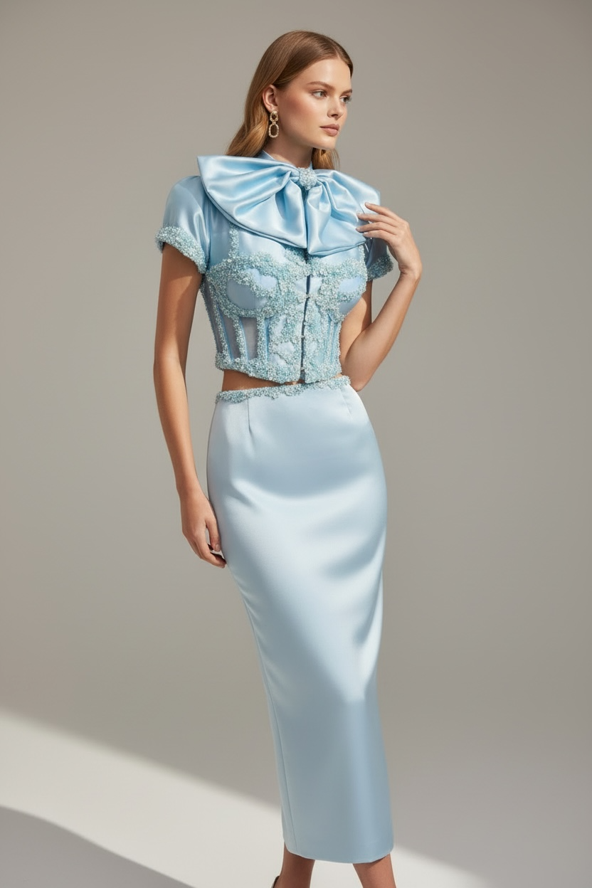 Blue Royale – Two-Piece Set with Corset Blazer & Detachable Neck Bow