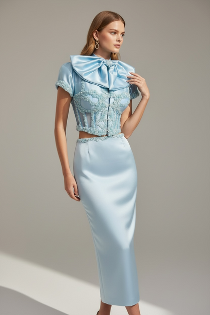Blue Royale – Two-Piece Set with Corset Blazer & Detachable Neck Bow