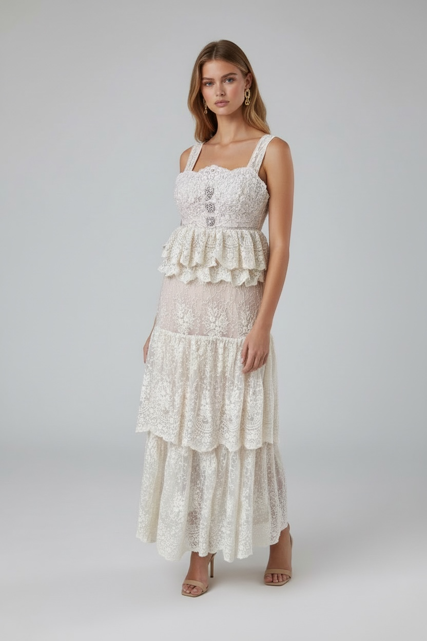 L’Obscure nude Elegance Lace Two-Piece Set with Corset & Flared Skirt