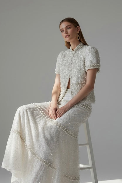A Maison Two Piece icon Set – Hand-Embellished Jacket & Flared Skirt