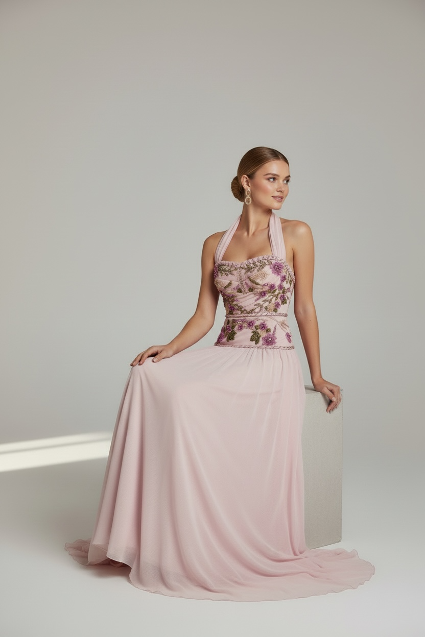 aRosé Lumière Couture - draped Corsage & Chiffon Skirt - Hand embroidery