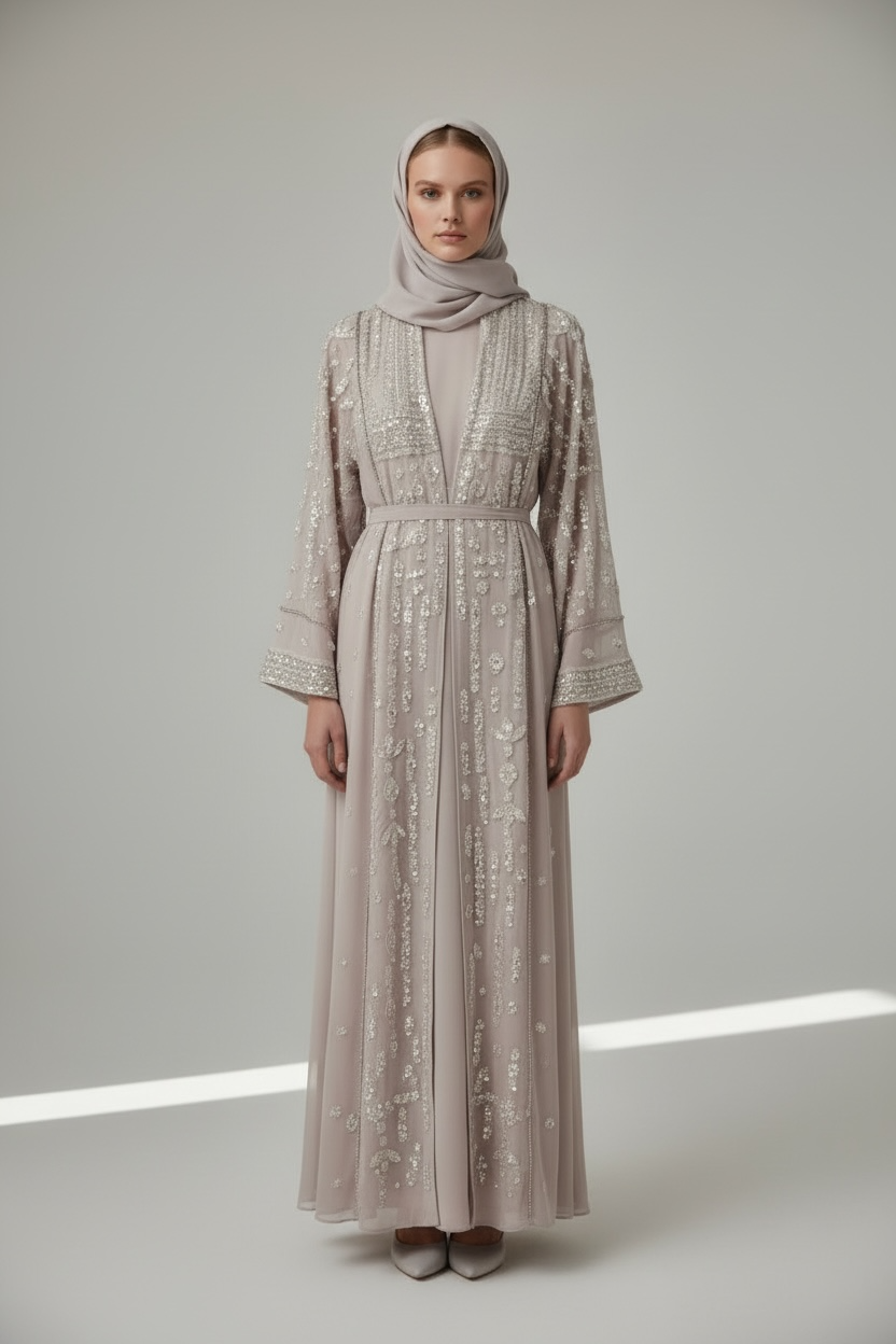 Abaya with Waist Tie Belt -Hand Embroidered Beige Chiffon