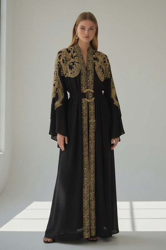 Abaya Black Chiffon with Gold Embroidery & Embellished Stones
