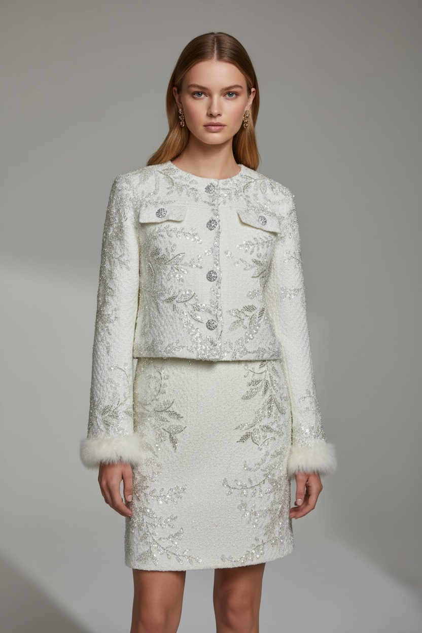 Royal Two-Piece Ensemble – Hand-Embroidered Viscose Cotton Set with Blazer & Short Skirt