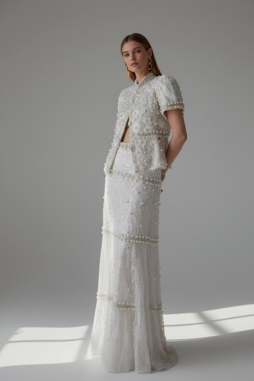 A Maison Two Piece icon Set – Hand-Embellished Jacket & Flared Skirt