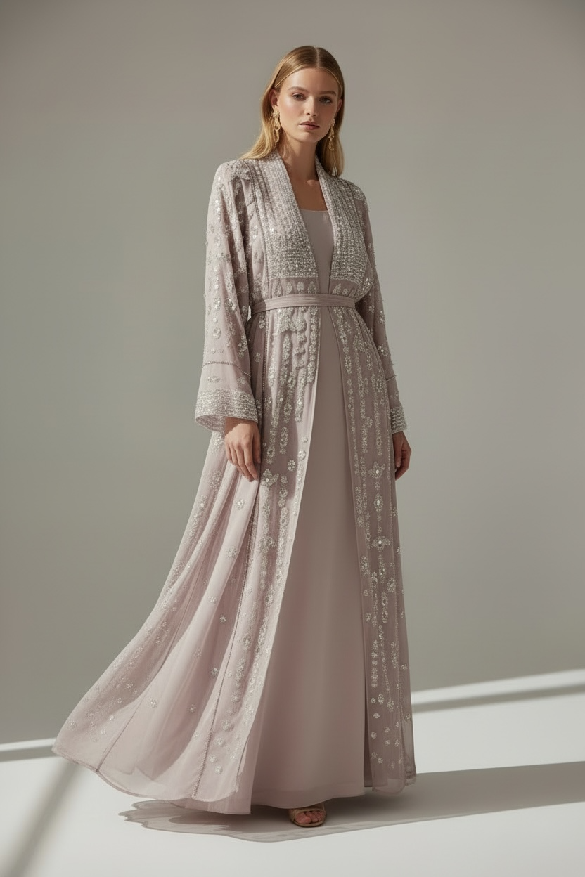 Abaya with Waist Tie Belt -Hand Embroidered Beige Chiffon