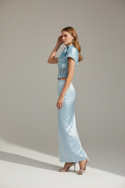 Blue Royale – Two-Piece Set with Corset Blazer & Detachable Neck Bow