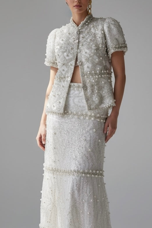 A Maison Two Piece icon Set – Hand-Embellished Jacket & Flared Skirt