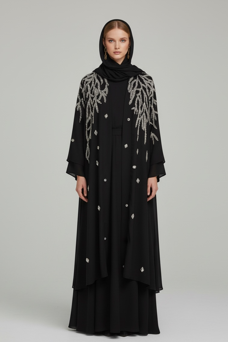 Abaya Black Chiffon with Hand-Embroidered Silver Details