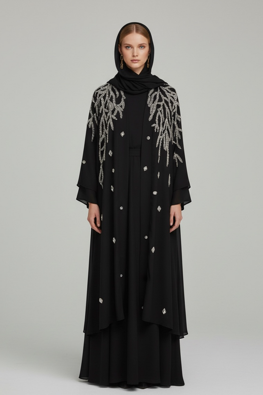 Abaya Black Chiffon with Hand-Embroidered Silver Details