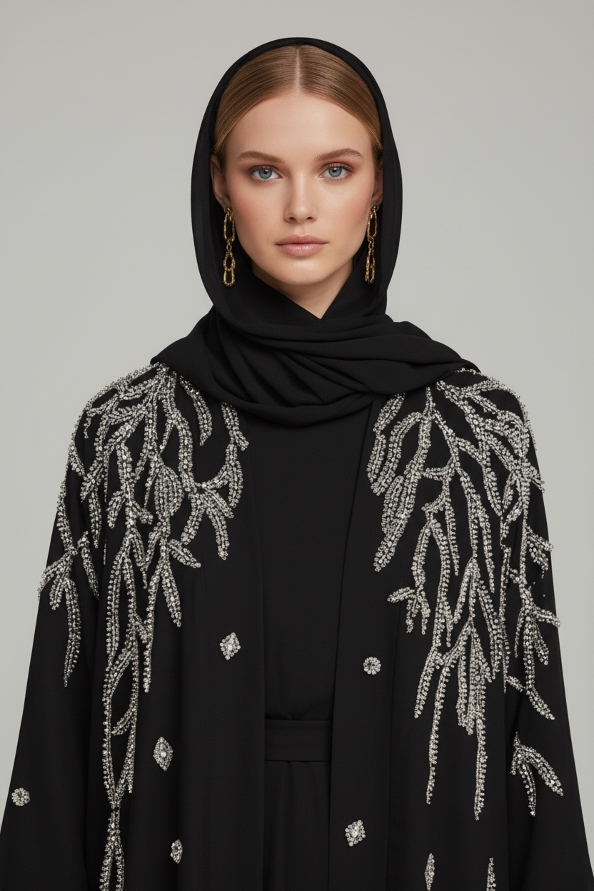 Abaya Black Chiffon with Hand-Embroidered Silver Details