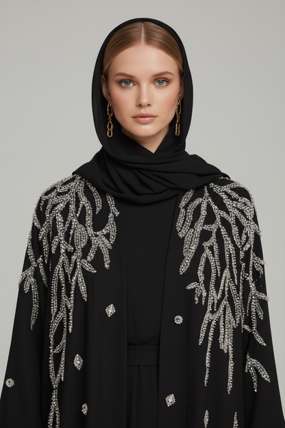 Abaya Black Chiffon with Hand-Embroidered Silver Details