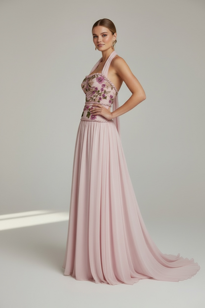aRosé Lumière Couture - draped Corsage & Chiffon Skirt - Hand embroidery