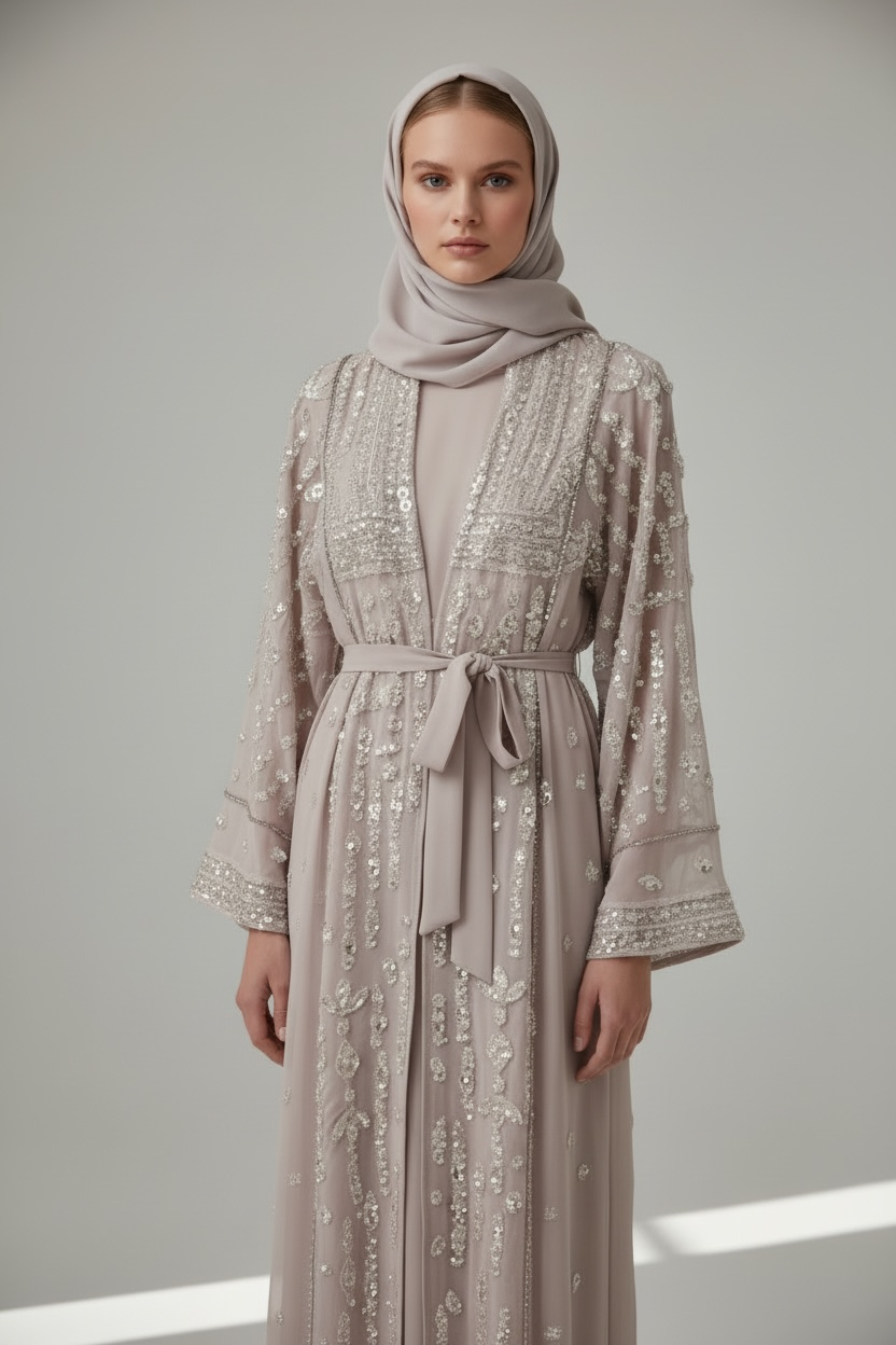 Abaya with Waist Tie Belt -Hand Embroidered Beige Chiffon