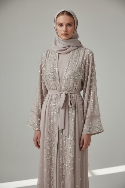 Abaya with Waist Tie Belt -Hand Embroidered Beige Chiffon