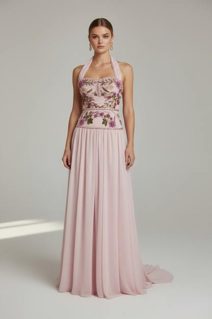aRosé Lumière Couture - draped Corsage & Chiffon Skirt - Hand embroidery