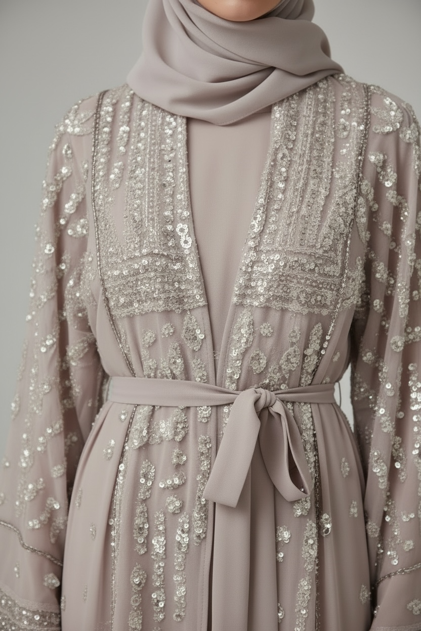 Abaya with Waist Tie Belt -Hand Embroidered Beige Chiffon