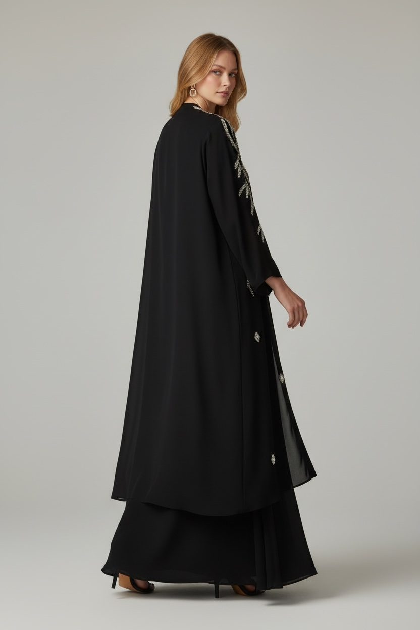 Abaya Black Chiffon with Hand-Embroidered Silver Details