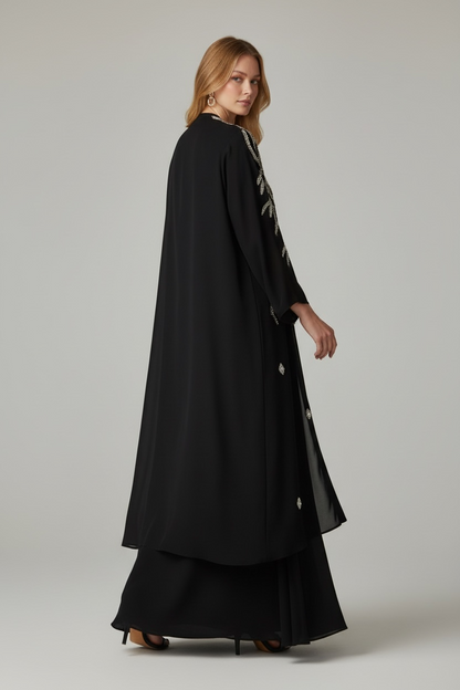 Abaya Black Chiffon with Hand-Embroidered Silver Details