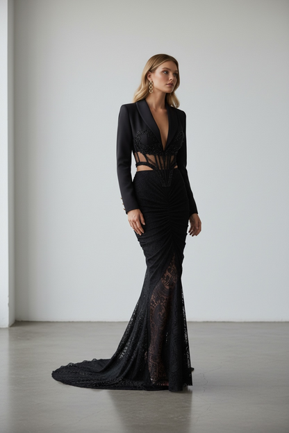 Yvette Couture Embroidered Corset Blazer & Lace Train Skirt Set