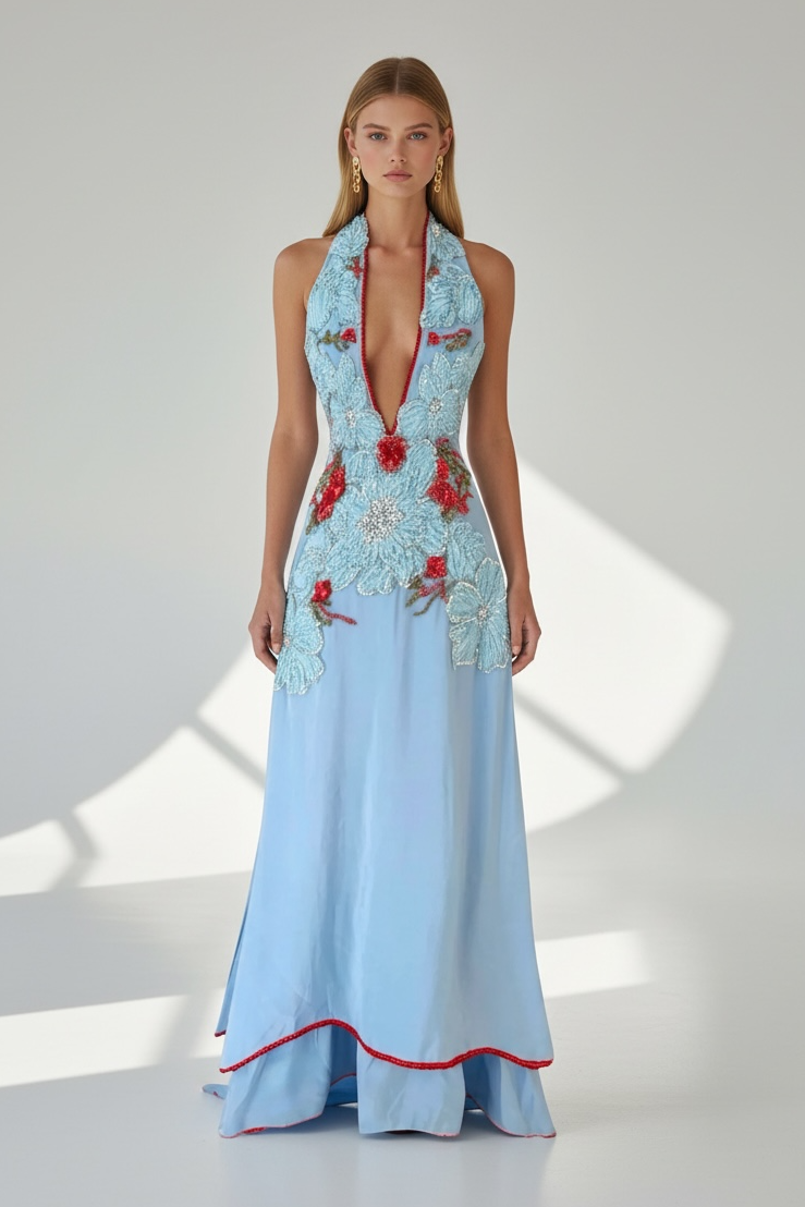 Maison Céleste Dress – Embroidered Cotton & Draped Chiffon Floral Dress