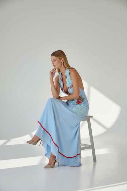 Maison Céleste Dress – Embroidered Cotton & Draped Chiffon Floral Dress