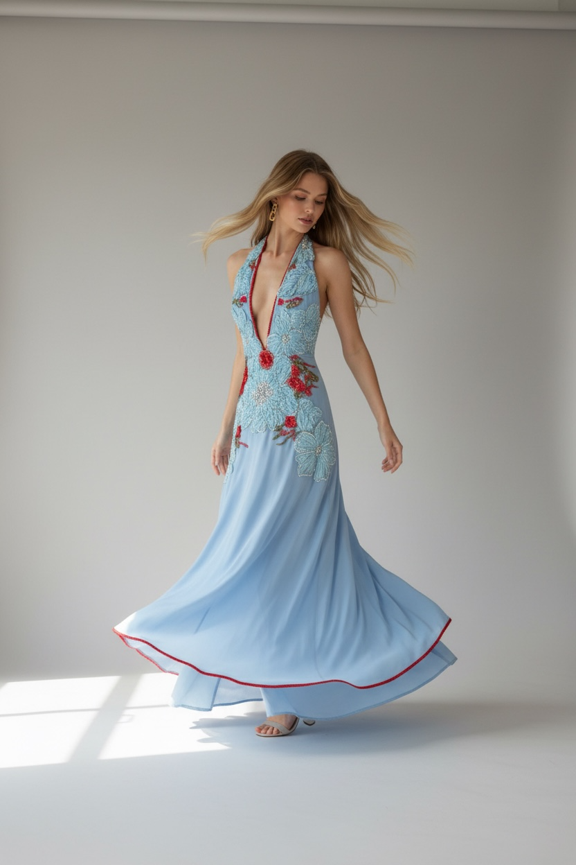 Maison Céleste Dress – Embroidered Cotton & Draped Chiffon Floral Dress