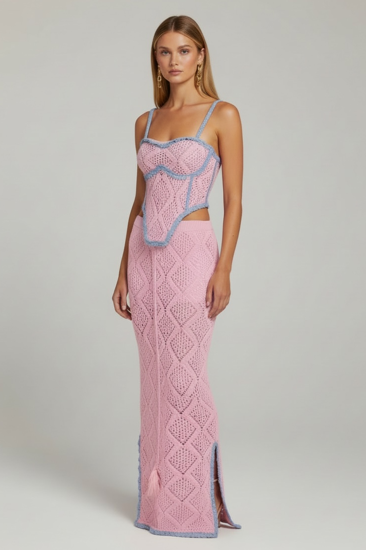 Knitwear Rosalie Bleu – Hand-Crocheted Two-Piece Set with Corset & Ankle-Length Skirt