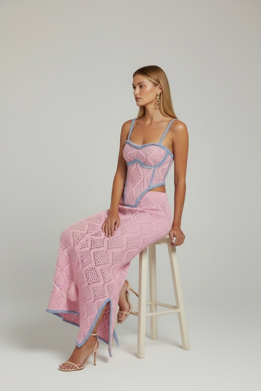 Knitwear Rosalie Bleu – Hand-Crocheted Two-Piece Set with Corset & Ankle-Length Skirt