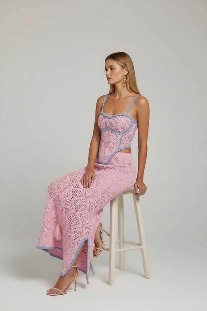 Knitwear Rosalie Bleu – Hand-Crocheted Two-Piece Set with Corset & Ankle-Length Skirt