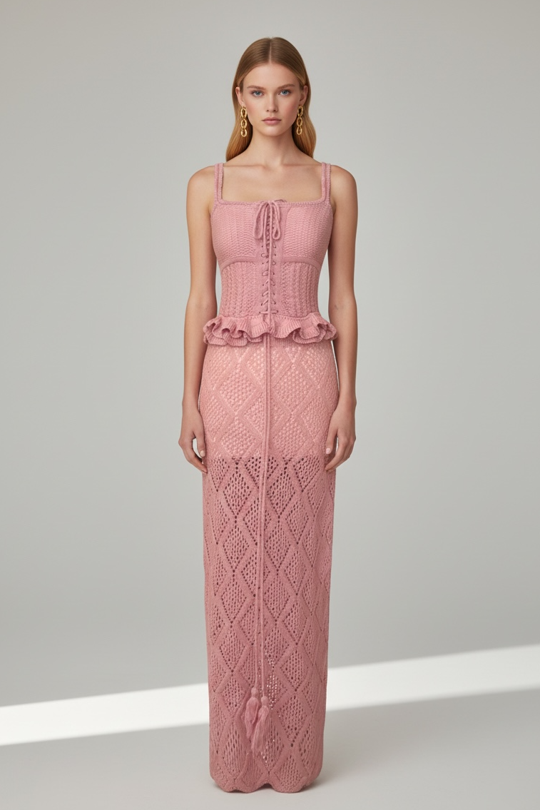 Knitwear Rosée d’Amour – Hand-Crocheted Two-Piece Set with Corset & Ankle-Length Skirt
