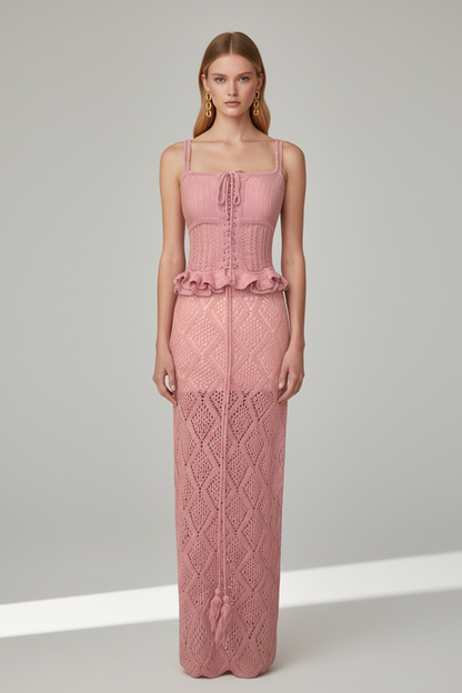 Knitwear Rosée d’Amour – Hand-Crocheted Two-Piece Set with Corset & Ankle-Length Skirt