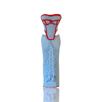 Knitwear Bleu Rouge Été – Hand-Crocheted Two-Piece Set with Corset & Ankle-Length Skirt