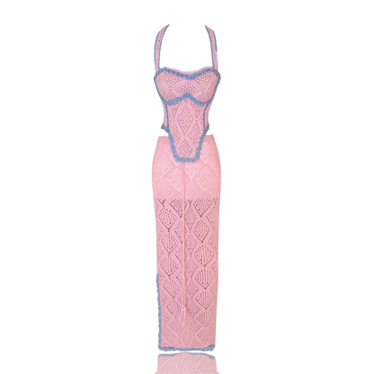 Knitwear Rosalie Bleu – Hand-Crocheted Two-Piece Set with Corset & Ankle-Length Skirt