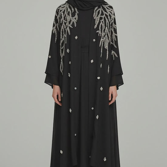 Abaya Black Chiffon with Hand-Embroidered Silver Details