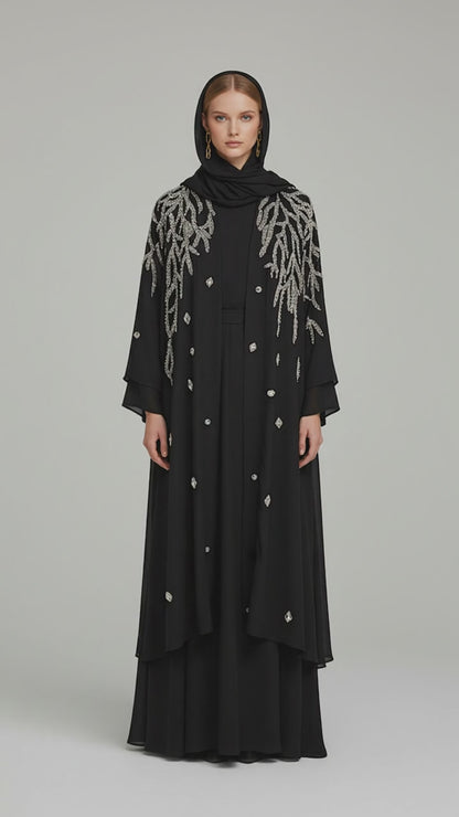 Abaya Black Chiffon with Hand-Embroidered Silver Details