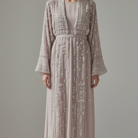 Abaya with Waist Tie Belt -Hand Embroidered Beige Chiffon