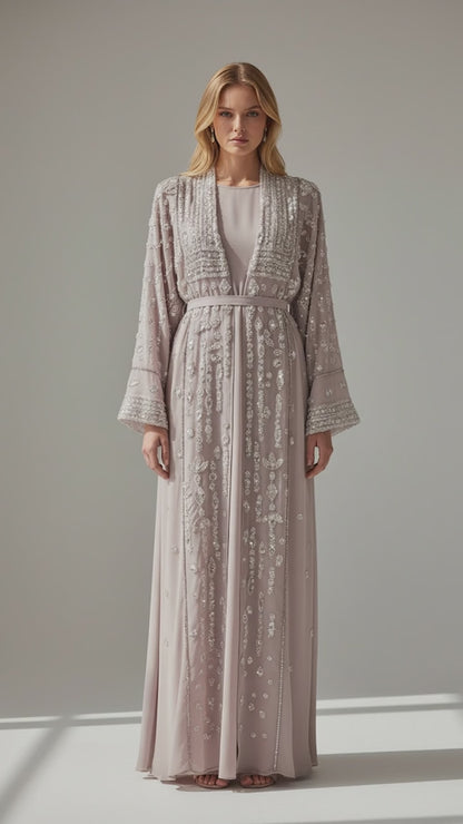 Abaya with Waist Tie Belt -Hand Embroidered Beige Chiffon